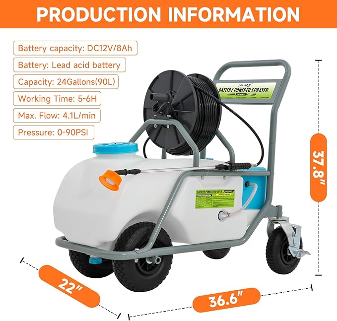 24 Gallon Battery Powered Sprayer,90 PSI Electric Pump,6 Hours Long Battery Life,12V 8Ah Battery,Adjustable HD Wand and 10 Nozzles,Portable Sprayer with Wheels for Lawn & Garden Spraying, Cleaning