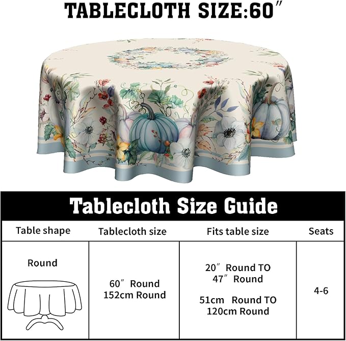 Pumpkin Leaves Round Tablecloth 60 Inch, Fall Autumn Thanksgiving Harvest Table Cloth Washable Table Cover for Dinner Kitchen Holiday Picnic Party Garden Decoration