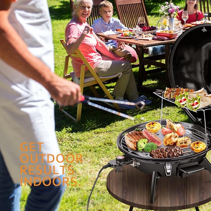 Electric BBQ Grill Techwood 15-Serving Outdoor Electric Grill for Party, Patio & Backyard, Double Layer Design, Portable Removable Stand Grill, 1600W (Countertop Black BBQ Grill)