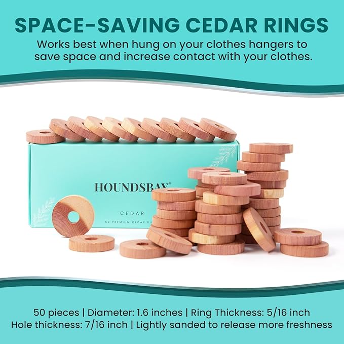 50 Cedar Rings for Clothes Storage & Closet Set - Cedar Planks & Balls for Clothes Storage - Drawer Freshener for Clothes with Cedar Rings for Hangers - Cedar Wood Chips for Clothes