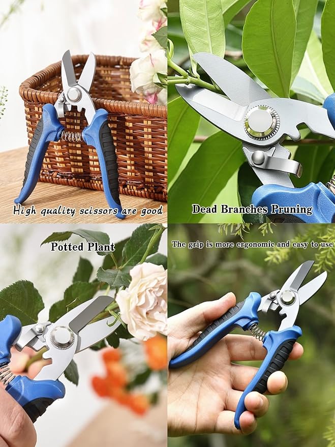 Professional Garden Scissors, 6.5 Inch Heavy Duty Pruning Shears, Blue and Black Comfort Grip