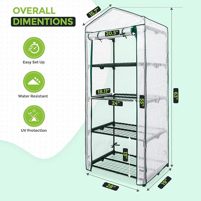 EAGLE PEAK Mini Greenhouse with Wire Shelves, Portable Indoor & Outdoor Green House with Roll-Up Zipper Door, 4 Tier, 27.2"x19.3"x64.2", Clear/White PE Cover