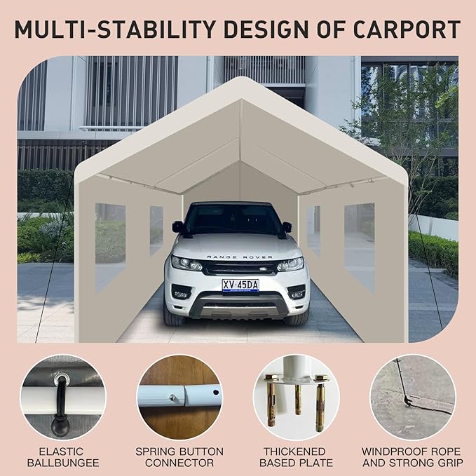 Carport 10x20 Ft Heavy Dut Car Port Canopy, Portable Garage Shelter Car Tents Carpas para Carros All Weather for Automobiles Truck Boat (White)