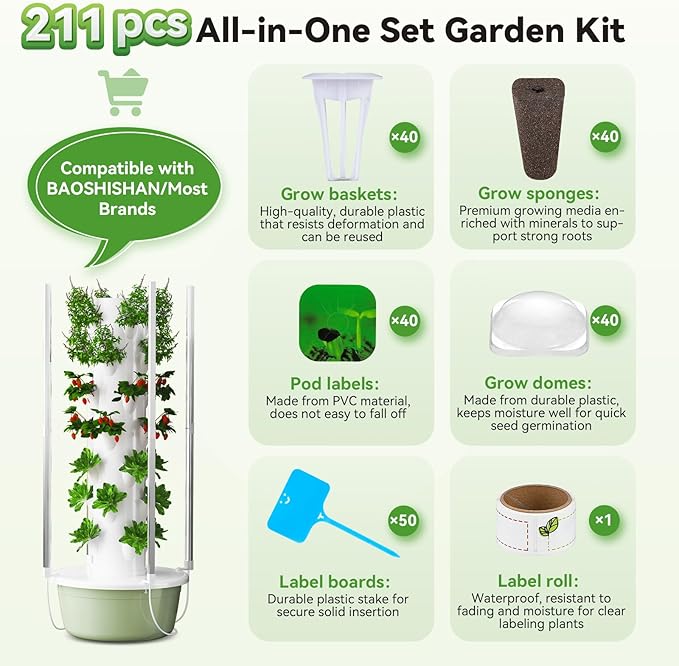 BAOSHISHAN 211pcs Hydroponic Pods Kit: 40 Baskets, Sponges, Domes, 50 Labels, 1 Waterproof Marker for All Brands