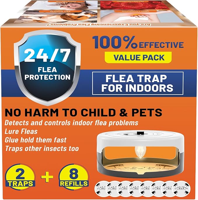 2 Pack Flea Traps for Inside Your Home, Indoor Flea Light, Bed Bug Killer with 8 Sticky Pads & 4 Light Bulb, Odorless Natural Insect Infestation Treatment Trap for Kid Pet