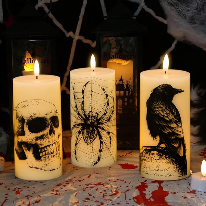 Eldnacele Halloween Flickering Candles Remote with Skull, Spider Web, Crow Raven Decals Set of 3, Battery Operated Halloween Themed LED Candles Horror Spooky Decoration