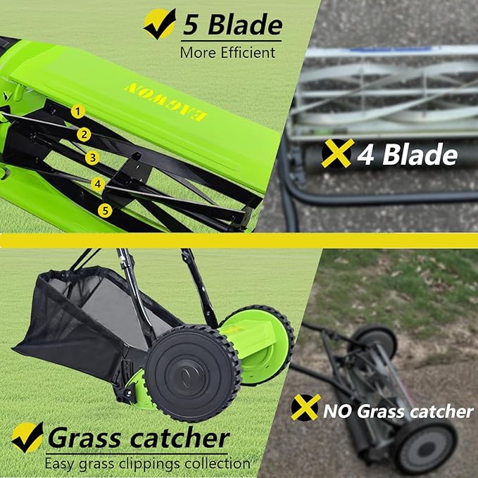 Push Lawn Mower, 16-Inch 5-Blade Walk-Behind Manual Push Reel Lawn Mower - Cordless, Adjustable Height for Effortless Yard & Garden Grass Cutting