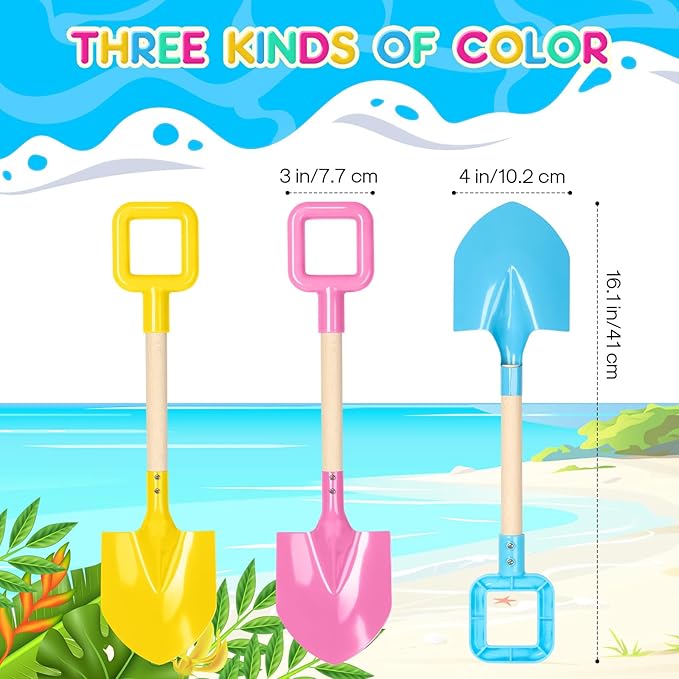 Dsmile 3Pcs Long Beach Shovels 16" Metal Kids Beach Spades Sand Shovels Toys with Wood Handle for Digging Shoveling Snow Sandbox Toys Set for Kids & Adults