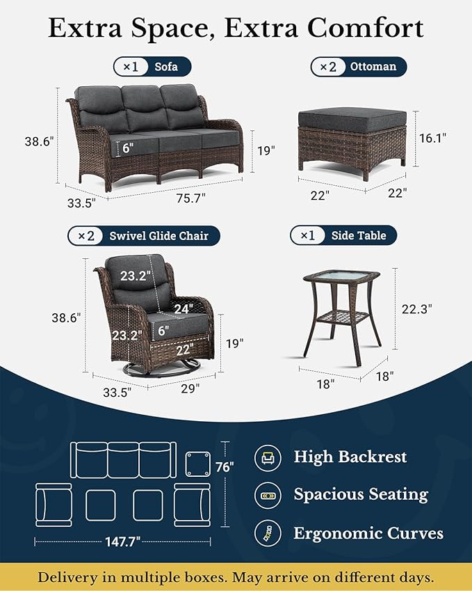 HILLGA Luxury High Back Patio Furniture Set with 6-Inch Thick Cushion, 5-Piece Outdoor Conversation Set with Sofa, Swivel Rocker Chairs & Ottomans, Ideal for Porch Pool Deck Yard (Dark Grey)