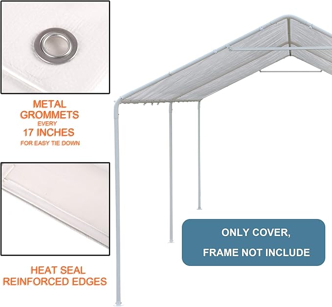10 x 20 Ft Carport Replacement Canopy Cover Garage Top Tent Shelter Tarp with Free 44 Ball Bungee Cords,White(Only Cover, Frame Not Include) (10x20 White)