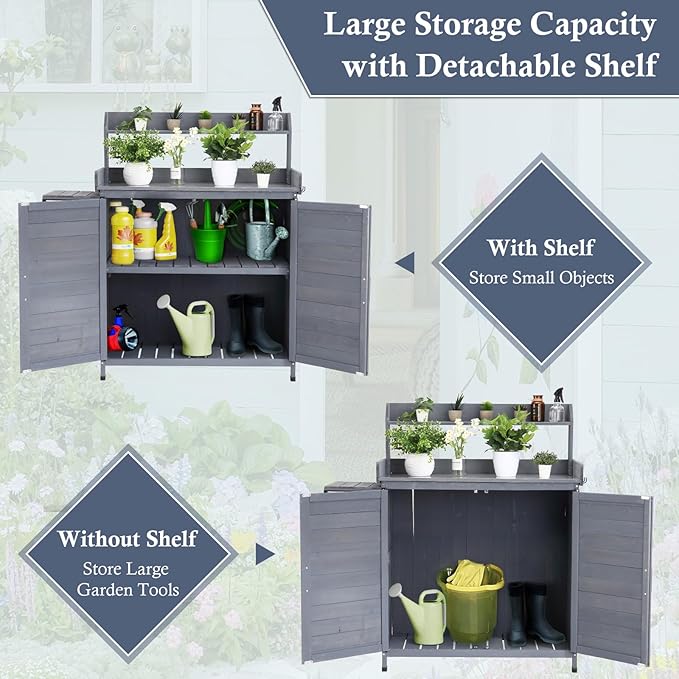 Garvee Outdoor Potting Bench Table, Wooden Gardening Furniture with Metal Tabletop and Storage Cabinet, Horticulture Workstation with Adjustable Shelf for Garden, Patio, Backyard, Greenhouse