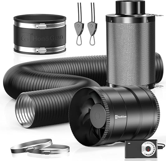Hon&Guan 6" Air Filtration Kit: 6 Inch Inline Duct Fan with Speed Controller, 12" High Carbon Filter, 8 Ft Ducting & Rubber Coupler, Ventilation System for Grow Tents, Indoor Gardening, Hydroponics