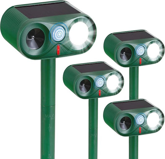 4Pack Solar Ultrasonic Animal Repeller with Strobe Light – for Gardens, Farms and courtyards Outdoor Deterrent for Raccoons, Deer, Squirrels, Cats, Skunks & Foxes