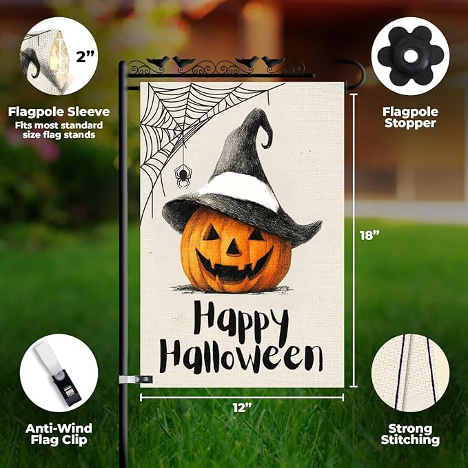 Halloween Garden Flag 12x18 Double Sided – Burlap Yard Flag with Pumpkin Wearing Hat and Spider Web for Outdoor Fall Halloween Decor