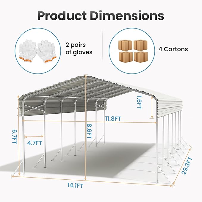 14x30' Heavy Duty Metal Carport – Sturdy Structure, All-Weather Protection, Easy Assembly for Cars, Trucks, Boats, Tractors, and Outdoor Storage (White, 14x30FT)