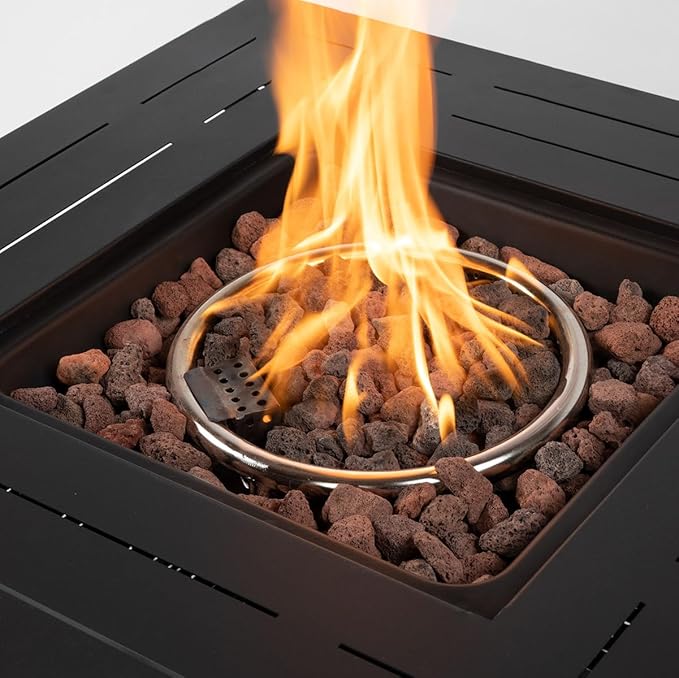 28'' Propane Fire Pit Table, 50,000 BTU Fire Table with Brown Wicker, Laval Rocks, Inclined Leg Design.