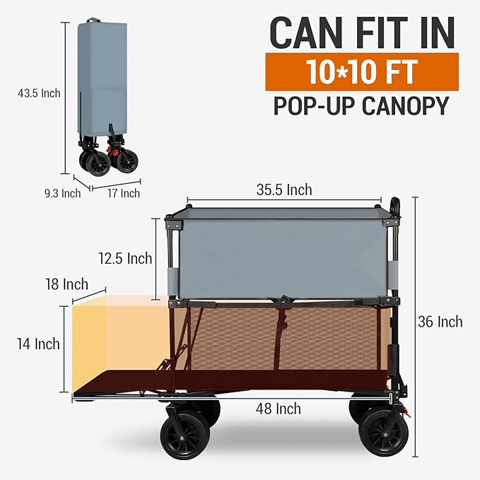 Taifa Longer Foldable Collapsible Double Decker Wagon Cart, Heavy Duty Portable Beach Utility Grocery Wagon Cart with Big Wheels and Brakes for Sand, Camping Outdoors, Grey