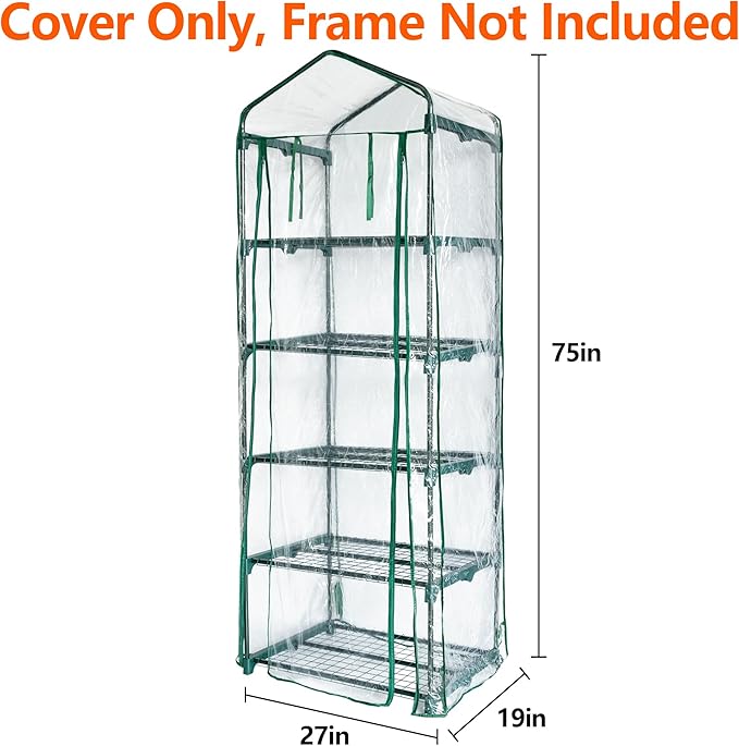 5 Tier Roll-Up Zipper Door Greenhouse Replacement Cover- 75 x 27 x 19 Inch Clear PVC Plant Greenhouse Cover for Gardening Plants Cold Frost Protection Wind Rain Proof (Frame NOT Include)