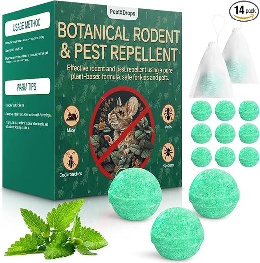 Rodent Mouse Repellent 14 Pack, Peppermint Oil Moth Balls for Mice Rats Deterrent, Natural Pest Control Mothballs for Rodents, Squirrels, Skunk, Mole, Gopher, Pets Safe, Indoor and Outdoor Use