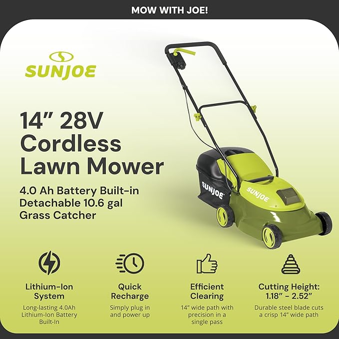 Sun Joe Cordless Lawn Mower, 14" Electric Walk Behind Grass Cutter with 3 Position Height Adjustment and Detachable Catcher, Green, MJ401C-PRO