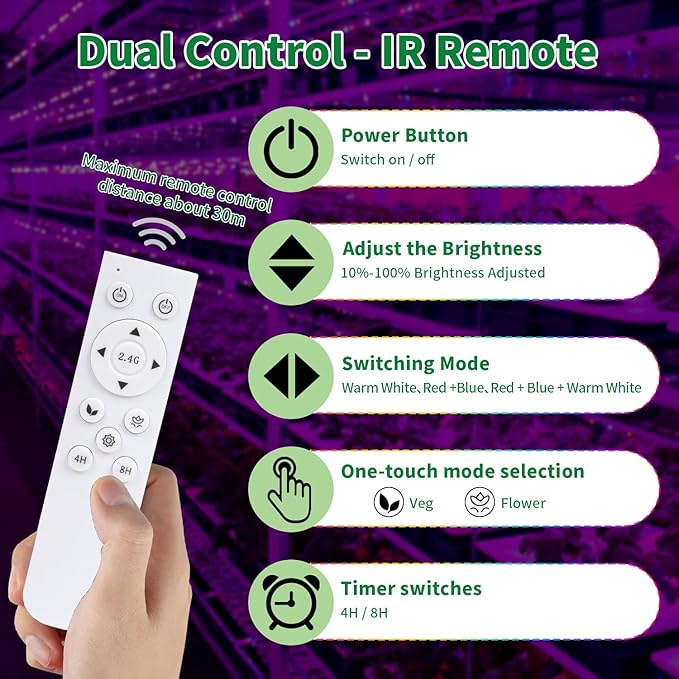 LED Grow Light Strips, 100FT APP Control IP67 Waterproof, 24W Full Spectrum, Auto ON&Off 4/8H Timer, 2.4G Remotely,10 Dimmable Levels for Indoor Plant Growing (Red Bulb WW)