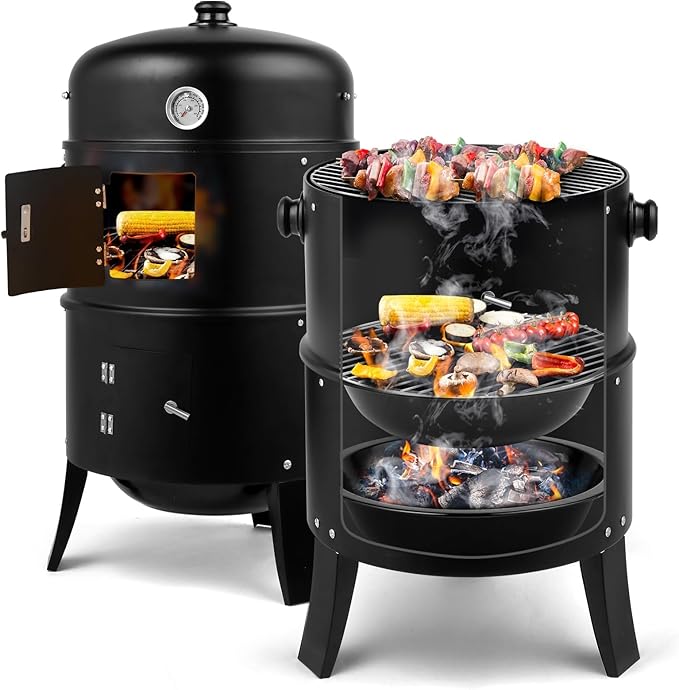 16 Inch Charcoal Smoker, 3-in-1 Meat Smoker Grill with Thermometer & Dual Cooking Racks Portable Outdoor BBQ Smoker with 2 Access Doors, Easy to Clean, for Backyard, Camping & Parties