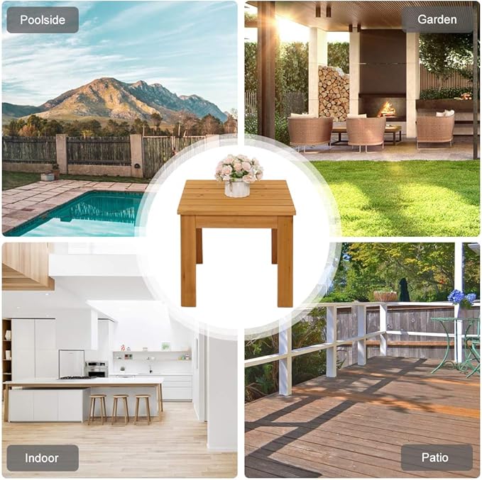 VINGLI Outdoor Adirondack Side Table W/Natural Finished, 18" Square Thick Wooden Coffee Table Top, Stable Large Weight Capacity Conversation End Table for Patio Backyard, Garden, Poolside and Balcony