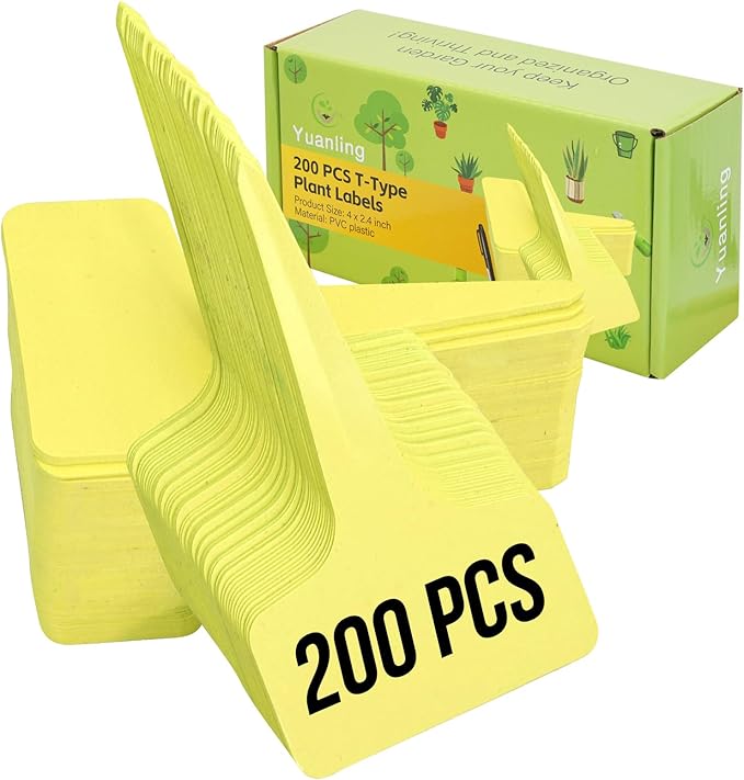 Plant Labels 200 Pcs Yuanling T-Type Plastic Garden Tags Waterproof Plant Sign Stakes Nursery Garden Makers for Seedlings Flower Vegetables Herb Potted Belt Permanet Marker Pen (Yellow)