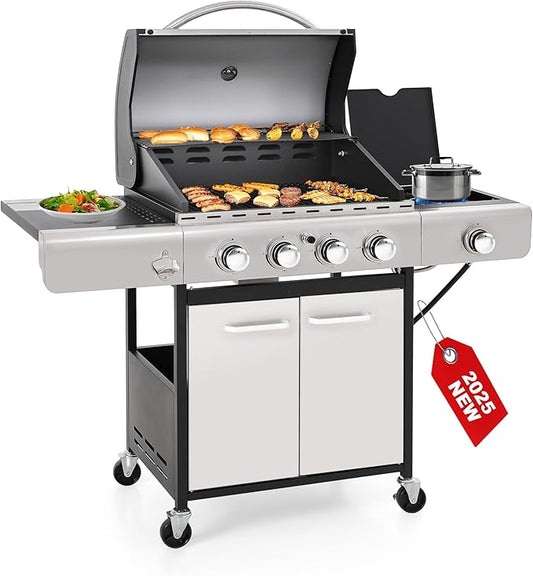 GREEN PARTY 4 Burner BBQ Propane Gas Grill with Side Burner & Porcelain-Enameled Cast Iron Grates, 545 SQIN Grilling Area 42,000 BTUs Barbecue Grill for Outdoor Cooking Garden Patio Backyard, Silver