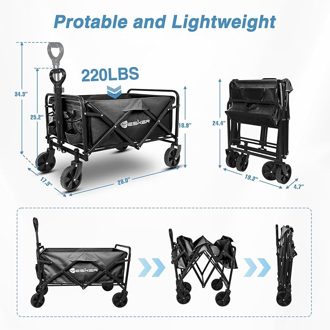 Yesker Foldable Wagon - 220lbs Collapsible Garden Carts with All Terrain Wheels for Outdoor Camping Sports Shopping Gardening - Heavy Duty Portable Utility Trolley (Black)