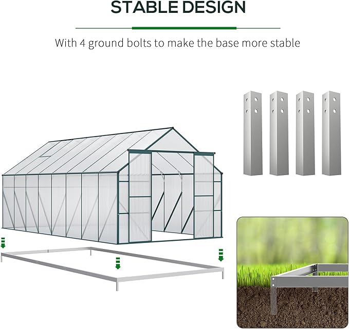 Outsunny 16' x 8' Aluminum Greenhouse Polycarbonate Walk-in Garden Greenhouse Kit with Adjustable Roof Vent, Rain Gutter and Sliding Door for Backyard, Patio, Clear