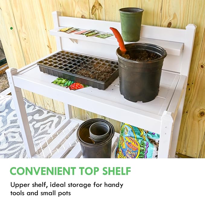 EAGLE PEAK Outdoor Indoor Maintenance Free Vinyl Garden Potting Bench, Waterproof Potting Table with Open Shelf, Lower Storage, 40inx21.6inx43.9in, White