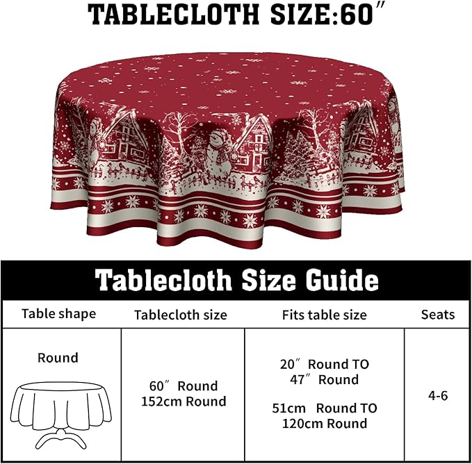 Giwawa Xmas Round Tablecloth 60 Inch, Farmhouse Red Snow House Snowflakes Holiday Washable Polyester Table Cover for Picnic Dinner Kitchen Winter Seasonal Party Tabletop Decoration