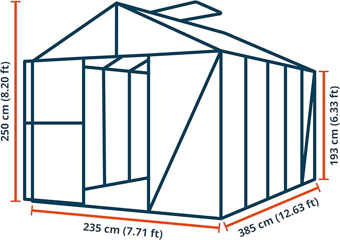Greenhouse Diamas 23 Premium 7.7 x 12.6 ft with Approx. 16 mm Polycarbonate Panels, Natural Aluminum Color, with 2 Automatic Vent Openers