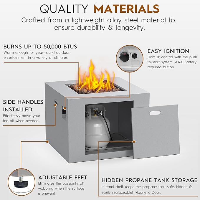 32 Inch Outdoor Fire Pit Table, 50,000 BTU Square Propane Fire Pit with Lid, Lava Rocks, Weatherproof Cover, Alloy Steel Gas Firepit Table for Outside Patio, CSA Certified, Gray
