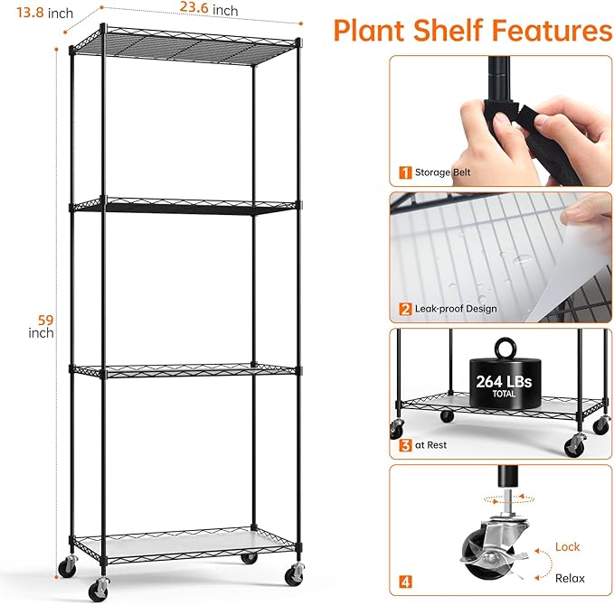 Plant Shelf with Grow Light with Timer, Plant Stand with Adjustable Rack and Wheels, 3 Pack 72W T8 2FT Full Spectrum Grow Lights for Indoor Plants, Seed Starting, Seed Tray, 23.5"x13.8"x59"