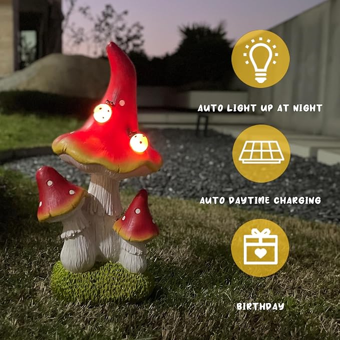 COWOS Solar Mushroom Garden Statue, Fairy Garden Accessories Outdoor Statues, Mushroom House Decor, 3 Mushrooms Head for Patio Yard Lawn Porch Outdoor Decor