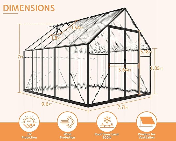 Jocisland 8x10x7 FT Polycarbonate Greenhouses for Outdoors, 2 Top-Opening Windows, 2 Swing Doors, Aluminum Walk-in Heavy Duty for Outdoor Use, Backyard Garden, Black