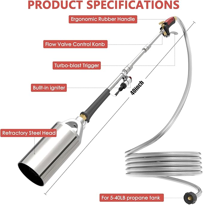 Propane Torch Weed Burner Kit, 1,800,000 BTU Heavy Duty Blow Torch, 40" Arm with 10FT Hose, Flame Control for Ice Melting, Snow Removal, Asphalt, Road Marking, Weeding