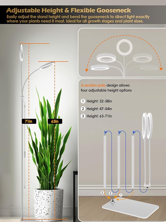 GLOWRIUM Smart Grow Lights for Indoor Plants with Auto Timer,Full Spectrum LED Floor Plant Light for 3 Spectrum Modes,6 Dimmable Levels,63inch Adjustable Height for Large Plants (White, 40W)