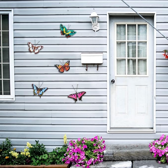 Metal Butterfly Wall Decor - 5 Pack Lifelike Butterflies Wall Art Sculpture Hanging Decorations for Indoor or Outdoor, Yard Patio Fence Garden Decoration