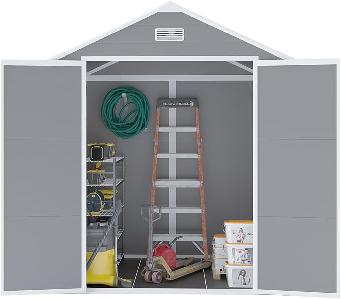6x5 FT Resin Storage Shed,Garden House with Floor & Lockable Door,Waterproof Plastic Tool Sheds W/Slanting Roof Visual Window & Air Vents for Bicycles,Lawnmowers,Lawn,All Weather Use,Gray