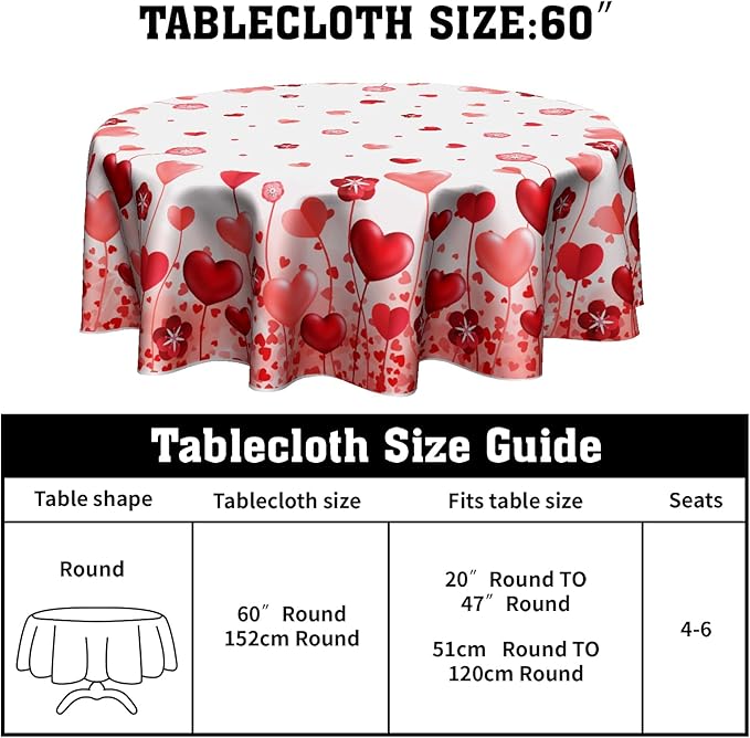 Giwawa Red Love Hearts Round Tablecloth 60 Inch Valentine's Day Decorative Table Cloth Polyester Fabric Washable Table Cover for Dining Date Wedding Anniversary