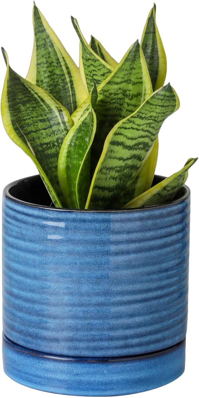 Hasense Ceramic Plant Pots Indoor Outdoor, 6 Inch Pot for Plants with Drainage Hole and Saucer, Blue Modern Planter for Housewarming