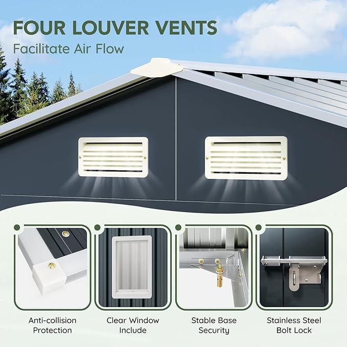 6x8FT Outdoor Metal Storage Shed, Double Door, 1 Clear Window, Tool Shed for Garden, Patio, Backyard