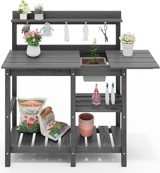 SERWALL Potting Bench Outdoor Potting Table with Sink, HDPE Potting Benches for Outside Gardening Table All Weather Use- Gray