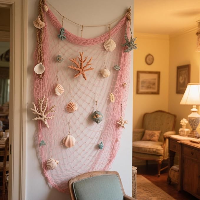 2 Pack Fish Net Decorations for Party,Natural Cotton Hawaiian Party Fishing Net Decorative, Nautical Themed Cotton Fishnet Under The Sea Pirate Ocean Beach Decor