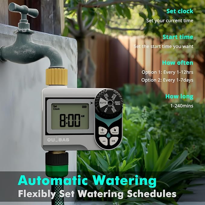 QUOBAS Low Pressure Sprinkler Timer with Brass Inlet & Outlet, Water Timer for Garden Hose, Rain Delay, Manual/Automatic Watering, Ball Valve System Compatible with Rain Barrel