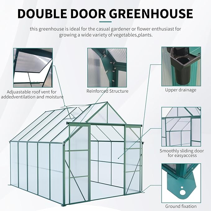 KEIKI 8x10 FT Double Door Polycarbonate Greenhouse with Aluminum Frame,Raised Base and Roof Vent,Walk-in Greenhouses for Patio Garden Backyard