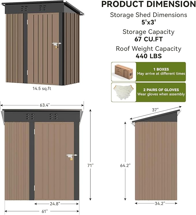 COMHOMA Shed Outdoor Storage Shed Metal,Lockable Doors Tool Sheds with Sloping Roof,Steel Garden Shed with Air Vent for Backyard,Patio,Lawn,Poolside (Brown, 5'*3')